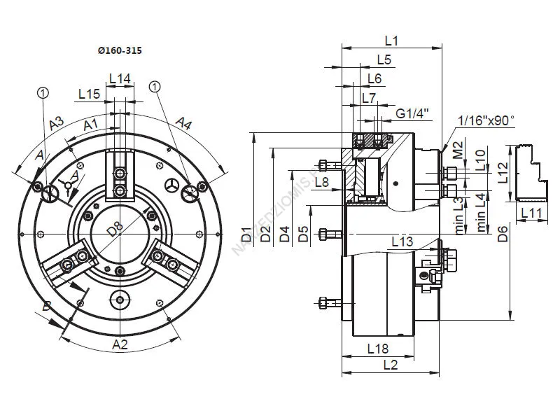 Rysunek techniczny: Uchwyt tokarski z cylindrem pneumatycznym T.2502 315 przelot: 105, 3 szczękowy BISON-BIAL